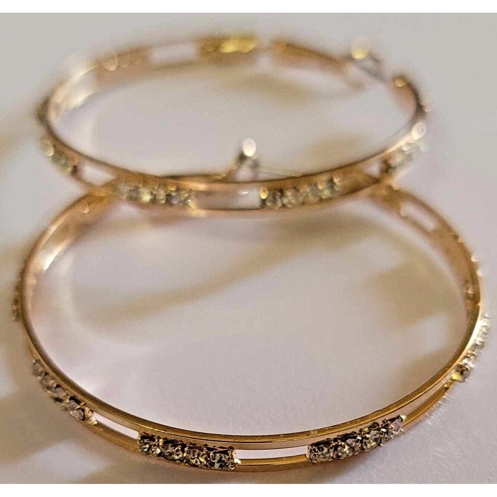 Pierced Earrings Gold toned Hoop White Clear Gemstones Rhinestones Crystals